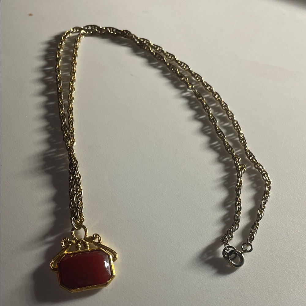 Gold Chain Necklace with Red Pendant